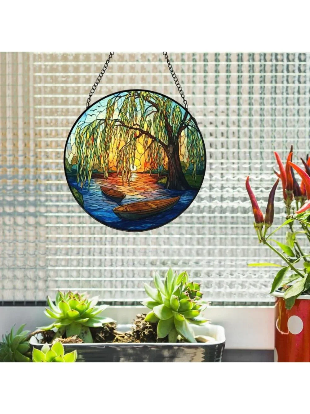 Stained Glass Weeping Willow Suncatcher - Nature Lover Gift, 7.9x7.9in Decor